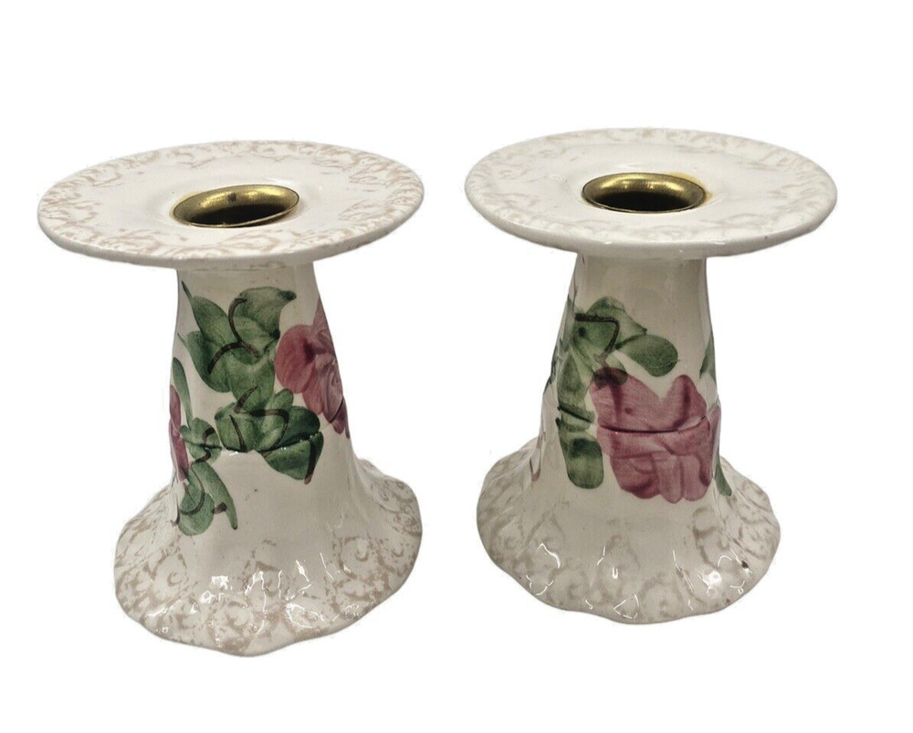Set of 2 Floral Candle Holders Ceramic 4.5" Tall White and Pink Green